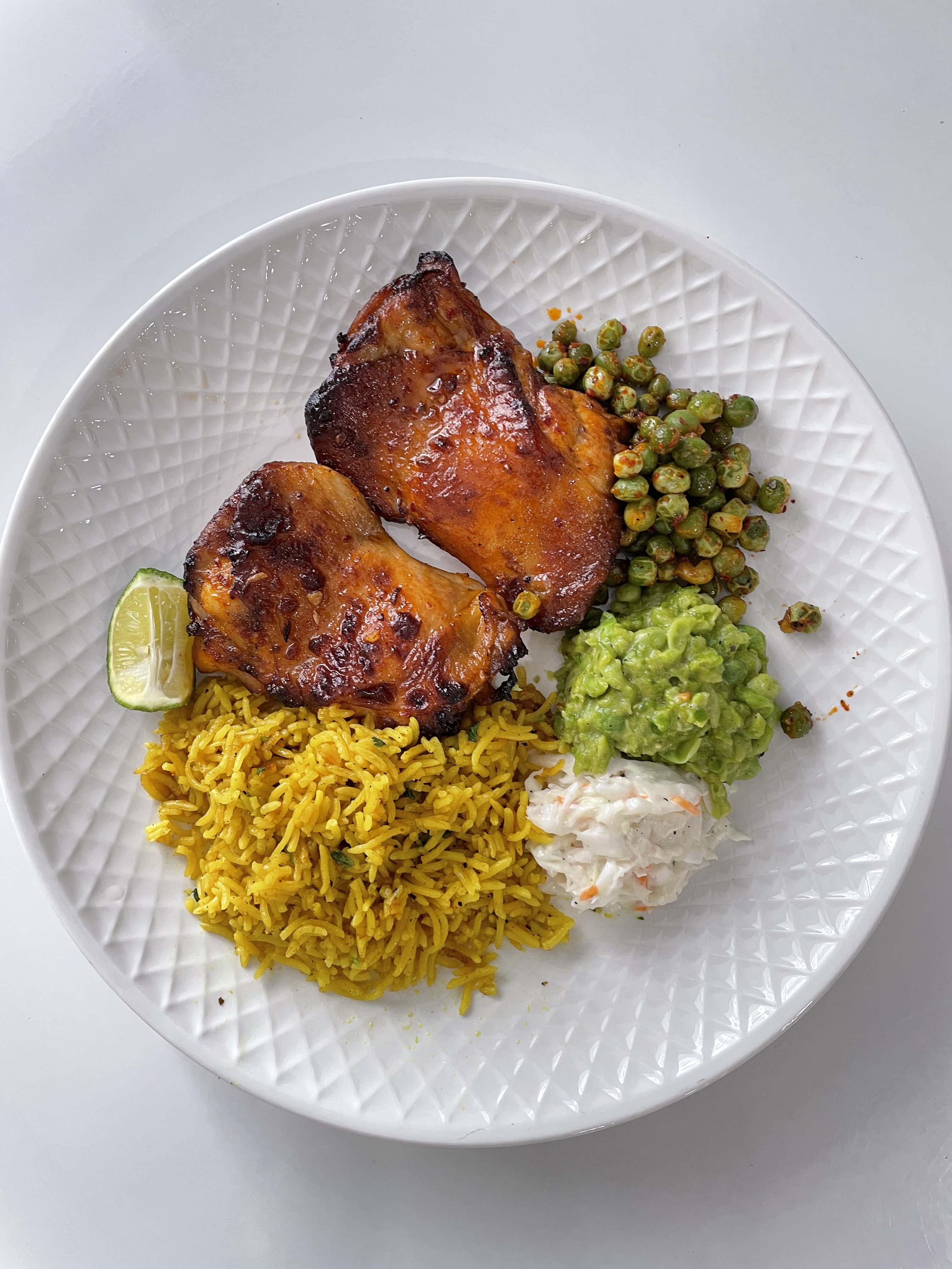 Boneless chicken thigh with 3 sides and pilau rice